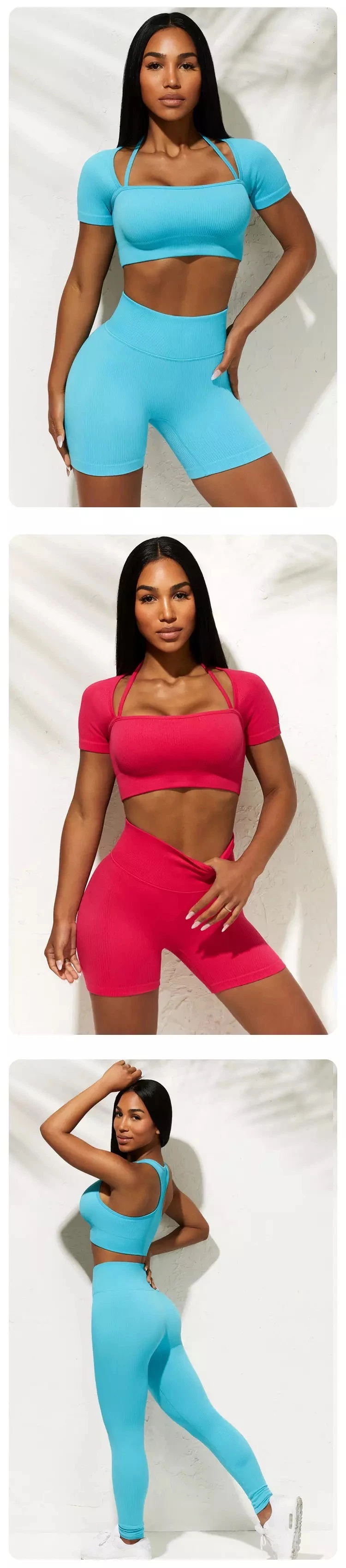 5PCS Ribbed High Quality Working out Set Body Shaping Training Apparel for Women, Custom Seamless Sportswear Fitness Top + Yoga Shorts + Leggings Gym Wear