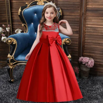 Novas roupas infantis estilo princesa menina arco bordado frisado vestir vestido de desempenho de palco